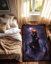 Halloween Haunted Tower Area Rug, Gothic Pumpkin Moon Carpet, Spooky Living Room Decor, Witchy Dark Forest Ghost Aesthetic Floor Mat