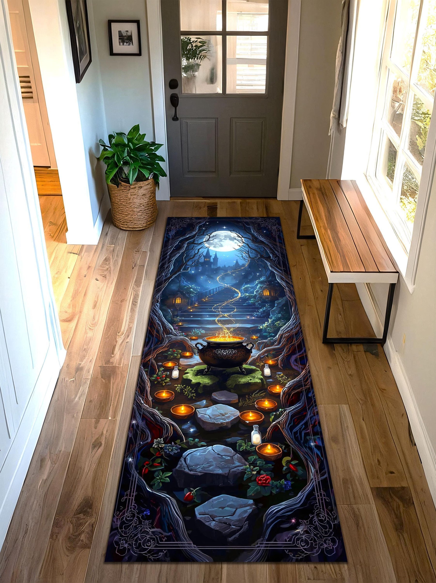 Witch Cauldron Runner Rug, Magical Forest Path Carpet with Candles and Moonlit Castle, Halloween Witchcore Floor Decor for Spooky Homes