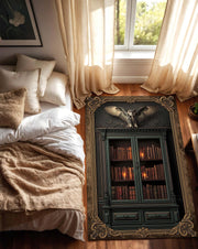Dark Academia Gothic Library Rug with Antique Bookshelf Owl and Candlelight Cabinet Illusion Area Carpet for Study or Living Room Decor