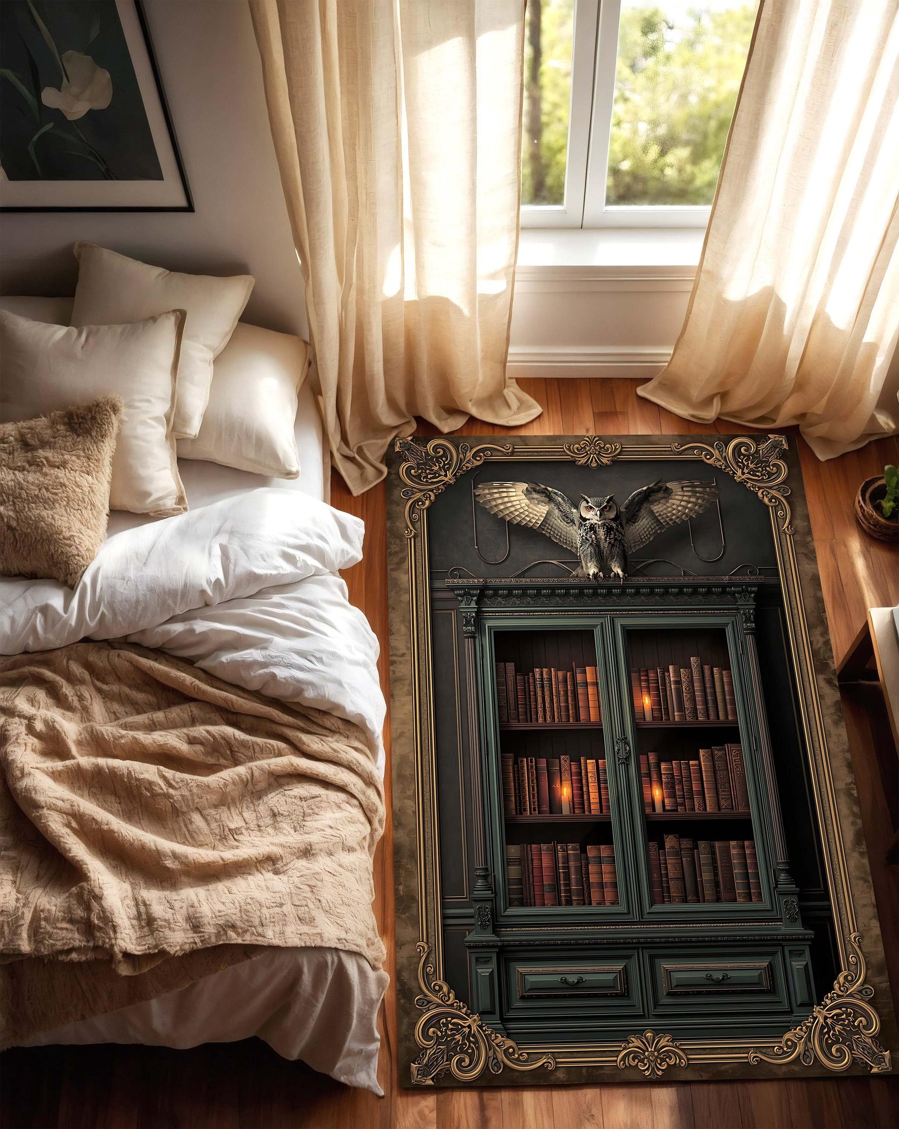 Dark Academia Gothic Library Rug with Antique Bookshelf Owl and Candlelight Cabinet Illusion Area Carpet for Study or Living Room Decor
