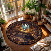 Round Book Lover Rug With Enchanted Library Scene, Cozy Reading Nook Carpet Featuring Bookshelves, Candles, Cat And Magical Study Decor