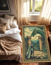 Medieval Castlecore Tapestry Style Fantasy Rug with Knight and Dragon Scene – Vintage Style Area Carpet for Living Room or Bedroom Decor