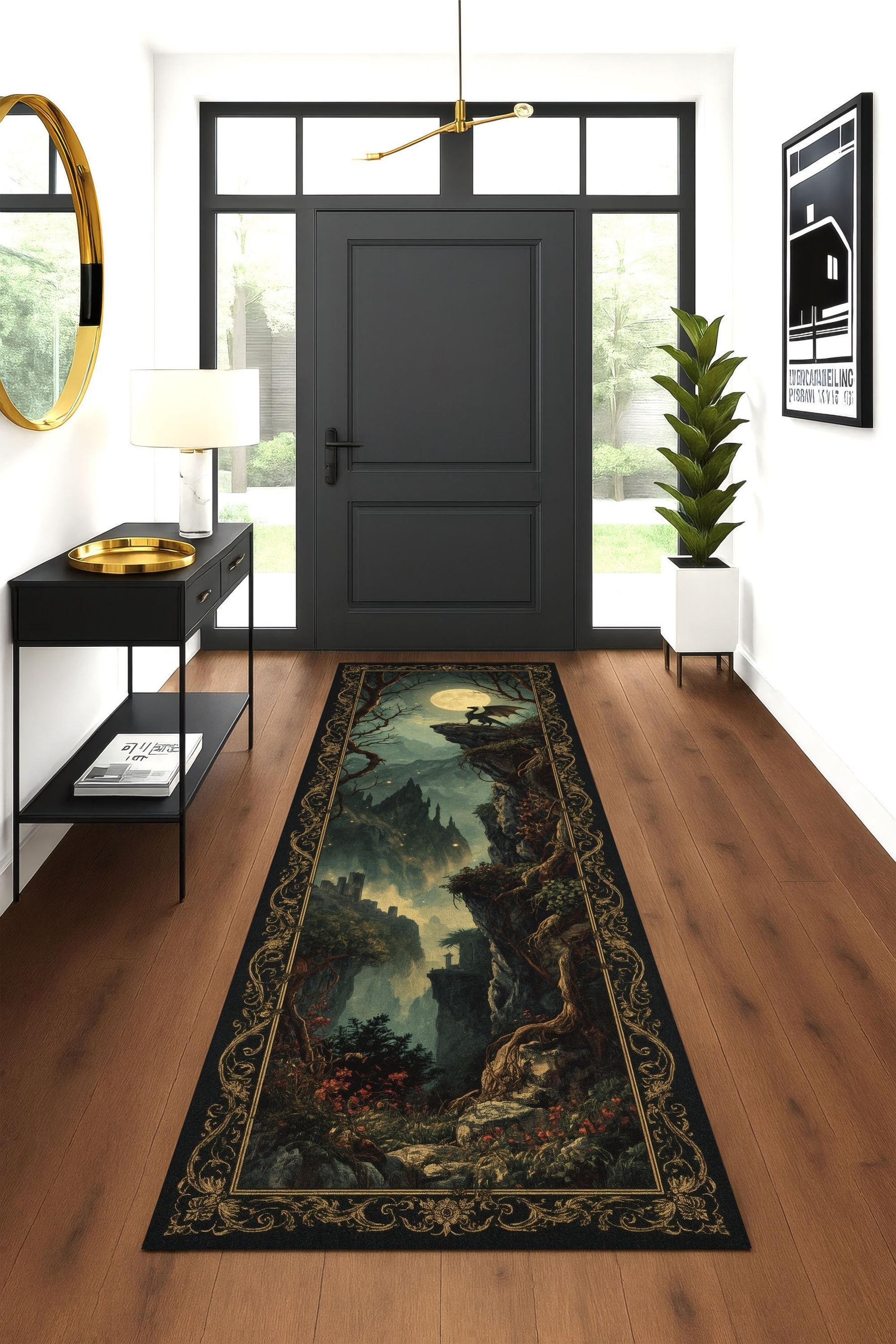 Twilight Dragon Runner Rug, Fantasy Tapestry Rug, Moonlit Castle Decor, Gothic Hallway Rug, Mythical Creature Rug, Dark Forest Washable Rug