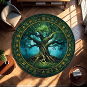 Tree of Life Round Rug with Celtic Runes, Mystical Forest Green Circle Carpet, Boho Pagan Decor for Living Room Bedroom or Meditation Space