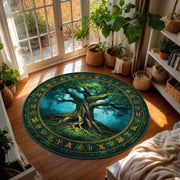 Tree of Life Round Rug with Celtic Runes, Mystical Forest Green Circle Carpet, Boho Pagan Decor for Living Room Bedroom or Meditation Space