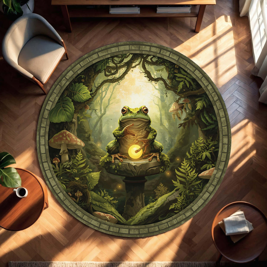 Whimsical Frog Forest Round Rug – Cottagecore Woodland Mushroom Carpet, Fantasy Green Aesthetic Nursery Kids Room and Living Room Home Decor