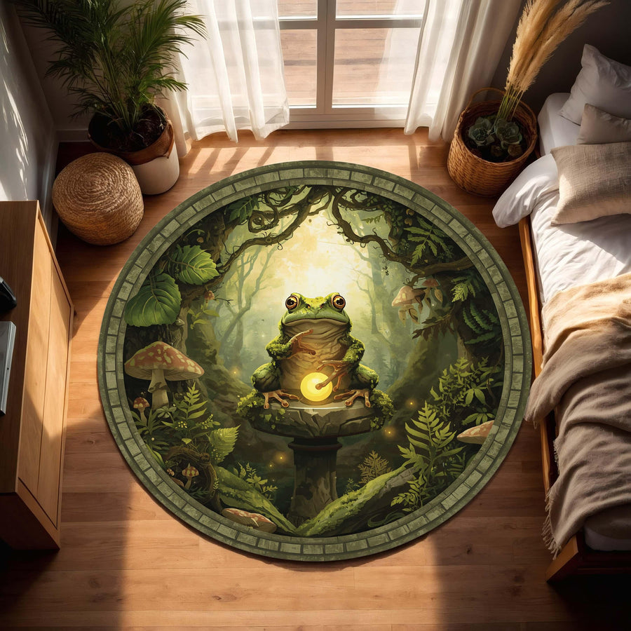 Whimsical Frog Forest Round Rug – Cottagecore Woodland Mushroom Carpet, Fantasy Green Aesthetic Nursery Kids Room and Living Room Home Decor