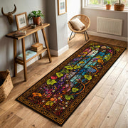Stained Glass Runner Rug for Hallway – Gothic Arch Floral Vine Pattern, Colorful Church Window Aisle Carpet, Non Slip Entry Decor