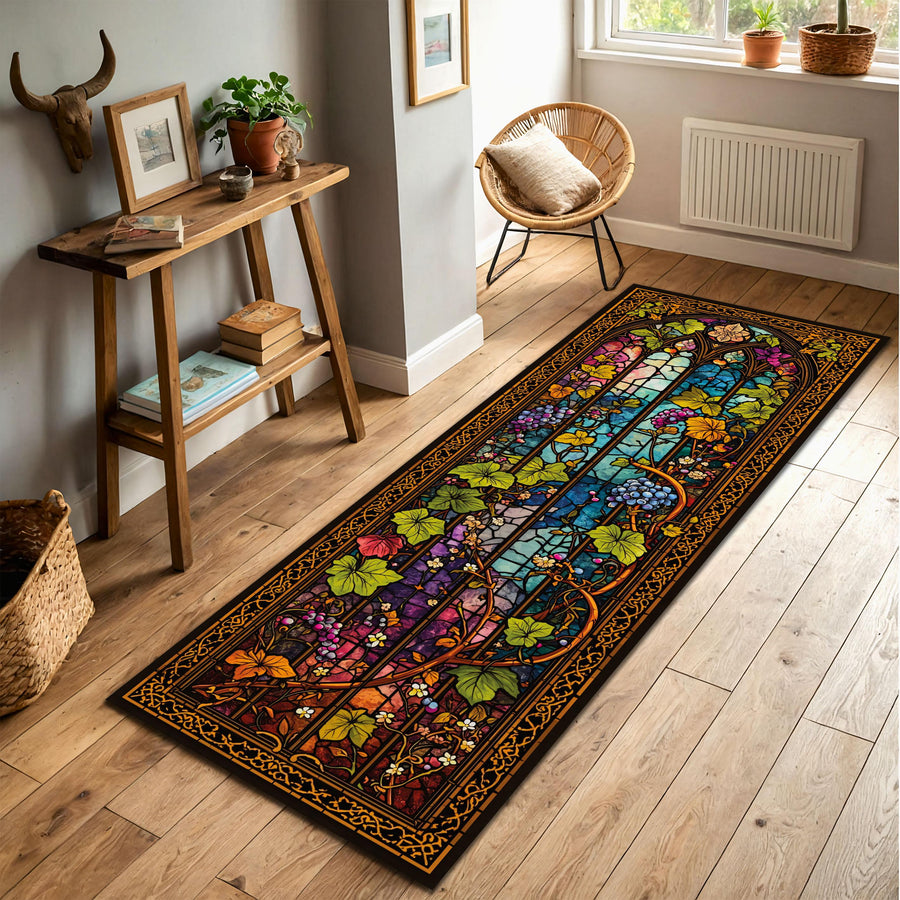 Stained Glass Runner Rug for Hallway – Gothic Arch Floral Vine Pattern, Colorful Church Window Aisle Carpet, Non Slip Entry Decor
