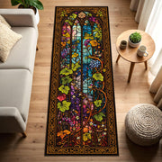 Stained Glass Runner Rug for Hallway – Gothic Arch Floral Vine Pattern, Colorful Church Window Aisle Carpet, Non Slip Entry Decor