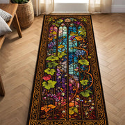 Stained Glass Runner Rug for Hallway – Gothic Arch Floral Vine Pattern, Colorful Church Window Aisle Carpet, Non Slip Entry Decor