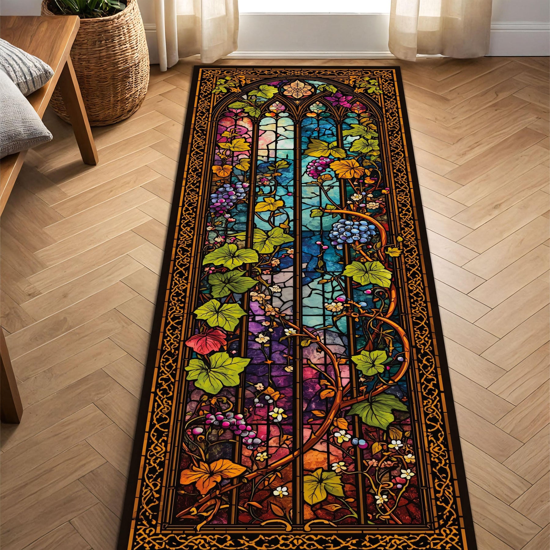 Stained Glass Runner Rug for Hallway – Gothic Arch Floral Vine Pattern, Colorful Church Window Aisle Carpet, Non Slip Entry Decor