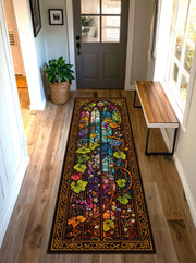 Stained Glass Runner Rug for Hallway – Gothic Arch Floral Vine Pattern, Colorful Church Window Aisle Carpet, Non Slip Entry Decor
