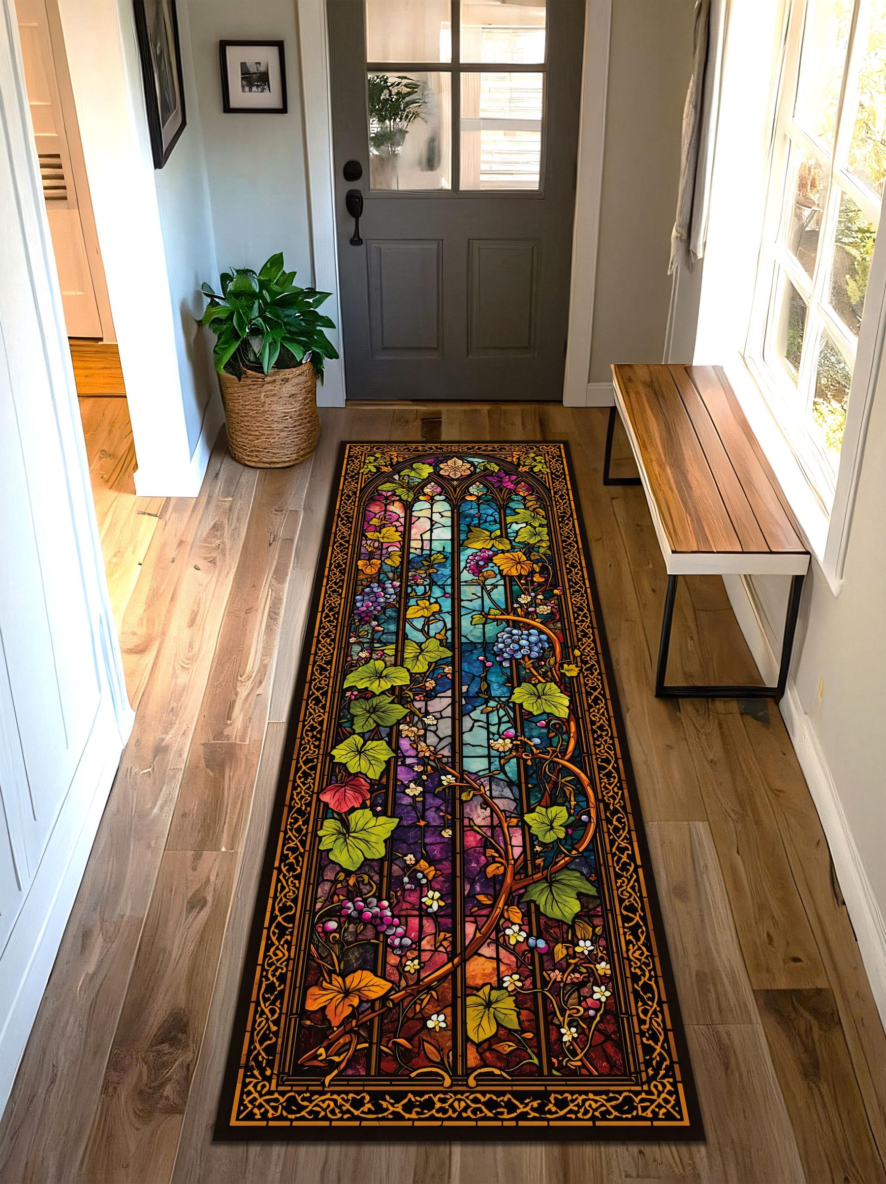 Stained Glass Runner Rug for Hallway – Gothic Arch Floral Vine Pattern, Colorful Church Window Aisle Carpet, Non Slip Entry Decor