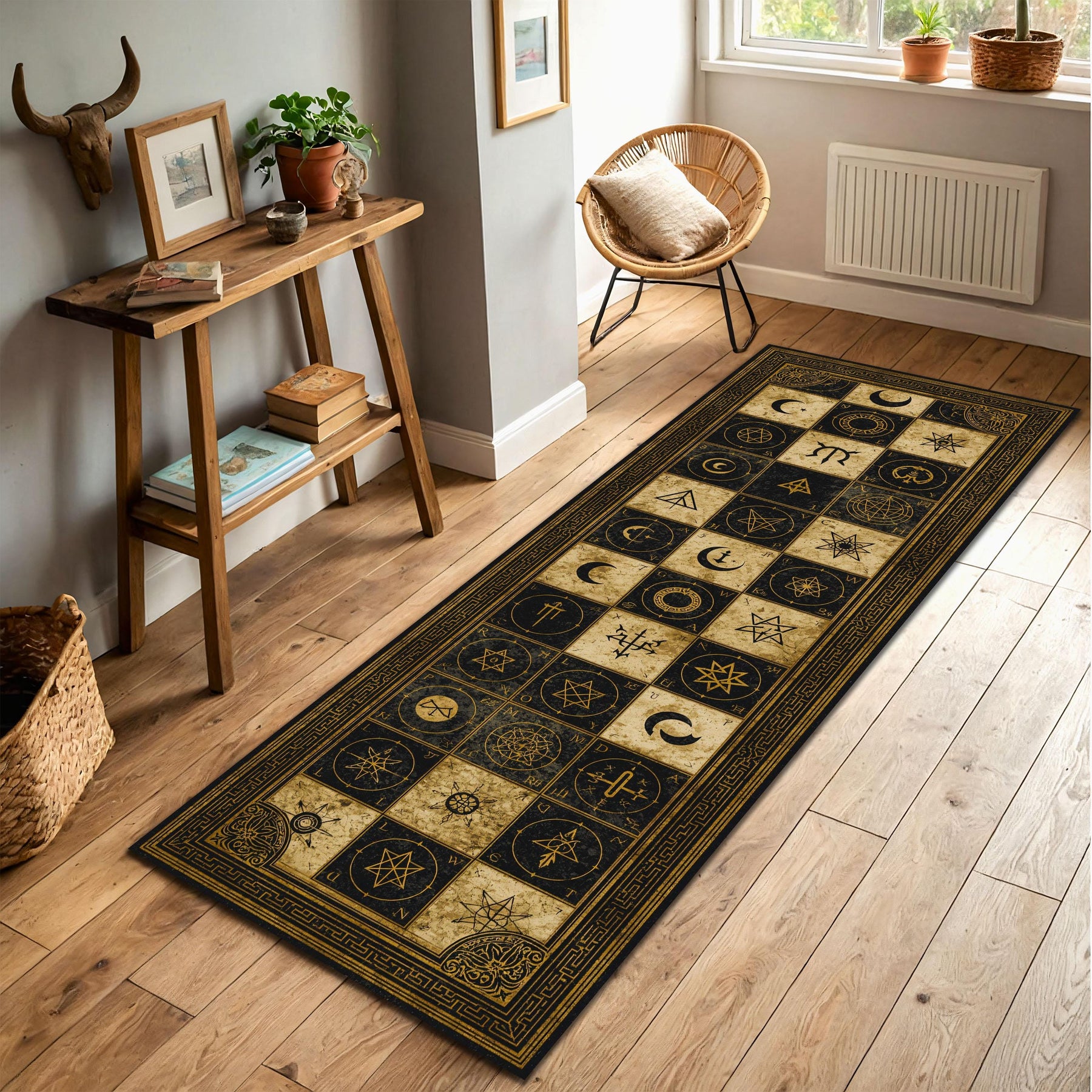 Occult Symbol Runner Rug, Vintage Celestial Alchemy Hallway Carpet, Gothic Moon Stars Grid in Black Beige, Entryway Kitchen Runner Decor