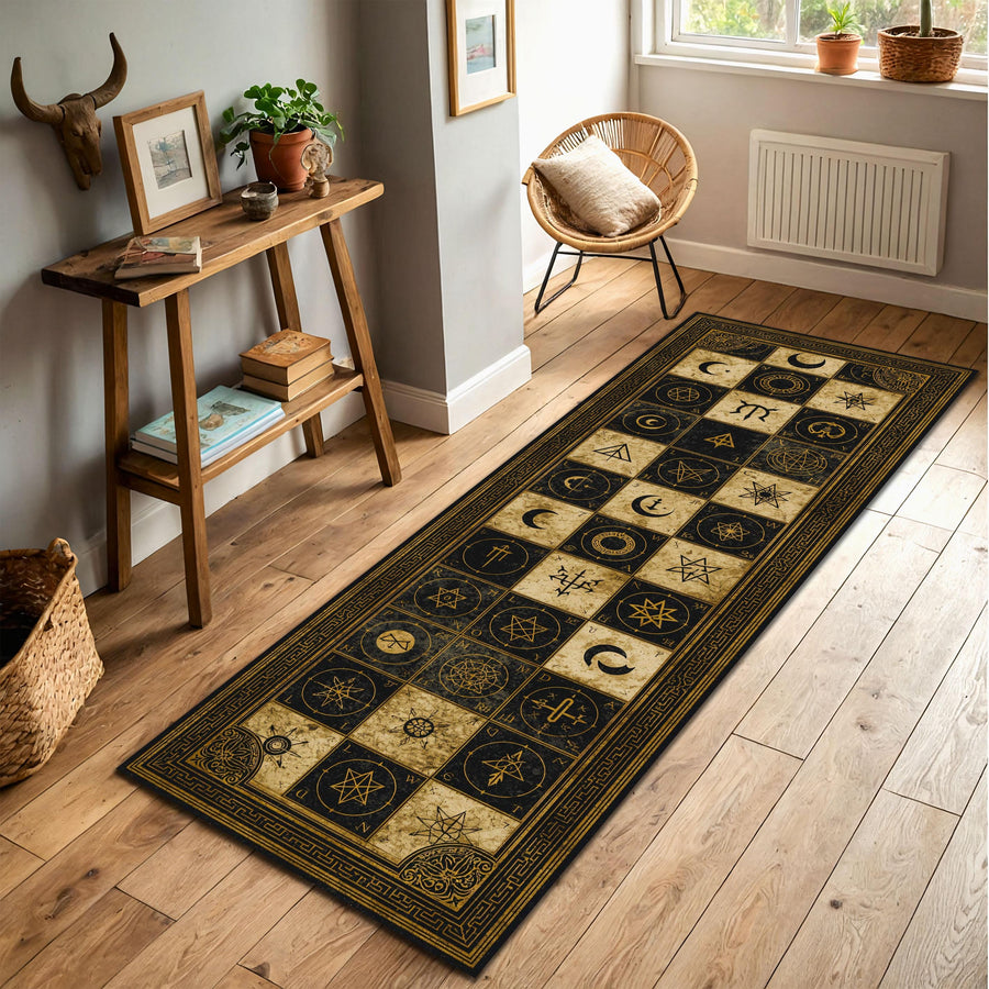 Occult Symbol Runner Rug, Vintage Celestial Alchemy Hallway Carpet, Gothic Moon Stars Grid in Black Beige, Entryway Kitchen Runner Decor
