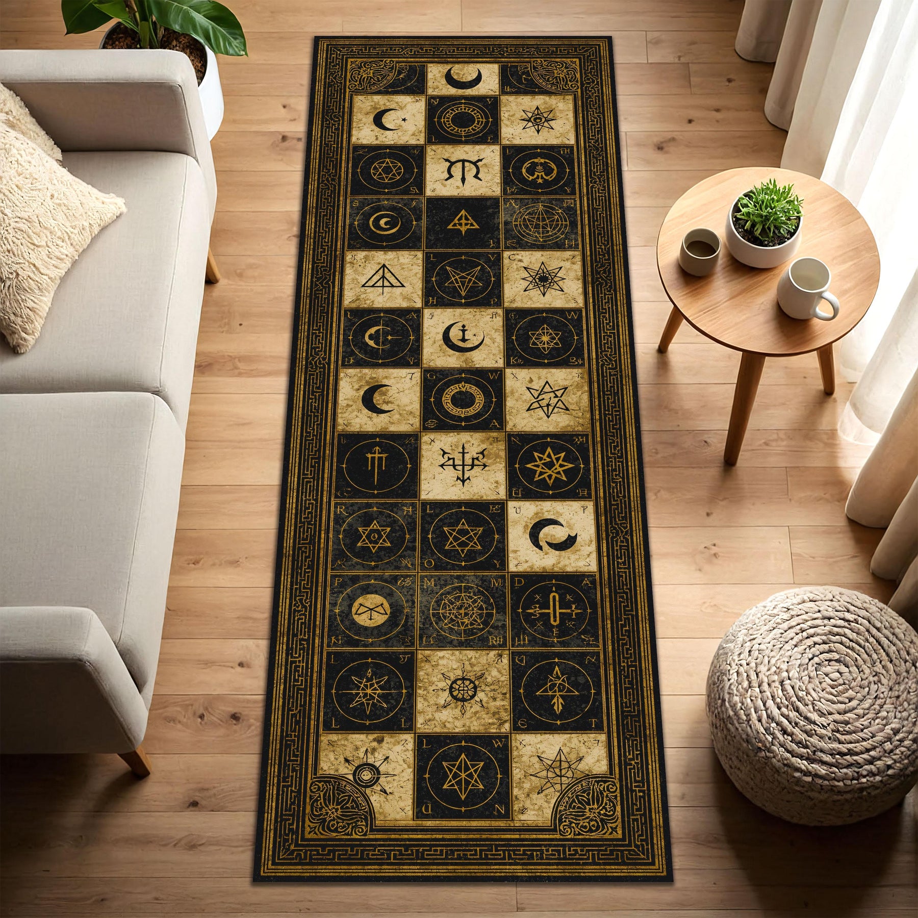 Occult Symbol Runner Rug, Vintage Celestial Alchemy Hallway Carpet, Gothic Moon Stars Grid in Black Beige, Entryway Kitchen Runner Decor
