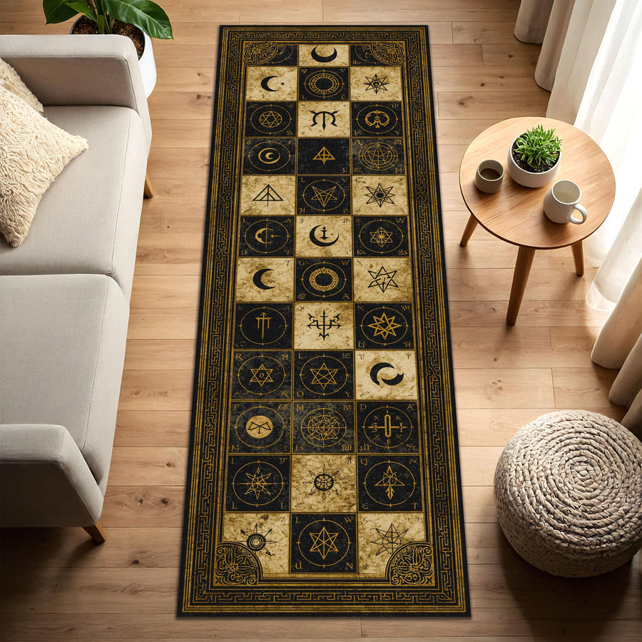 Occult Symbol Runner Rug, Vintage Celestial Alchemy Hallway Carpet, Gothic Moon Stars Grid in Black Beige, Entryway Kitchen Runner Decor