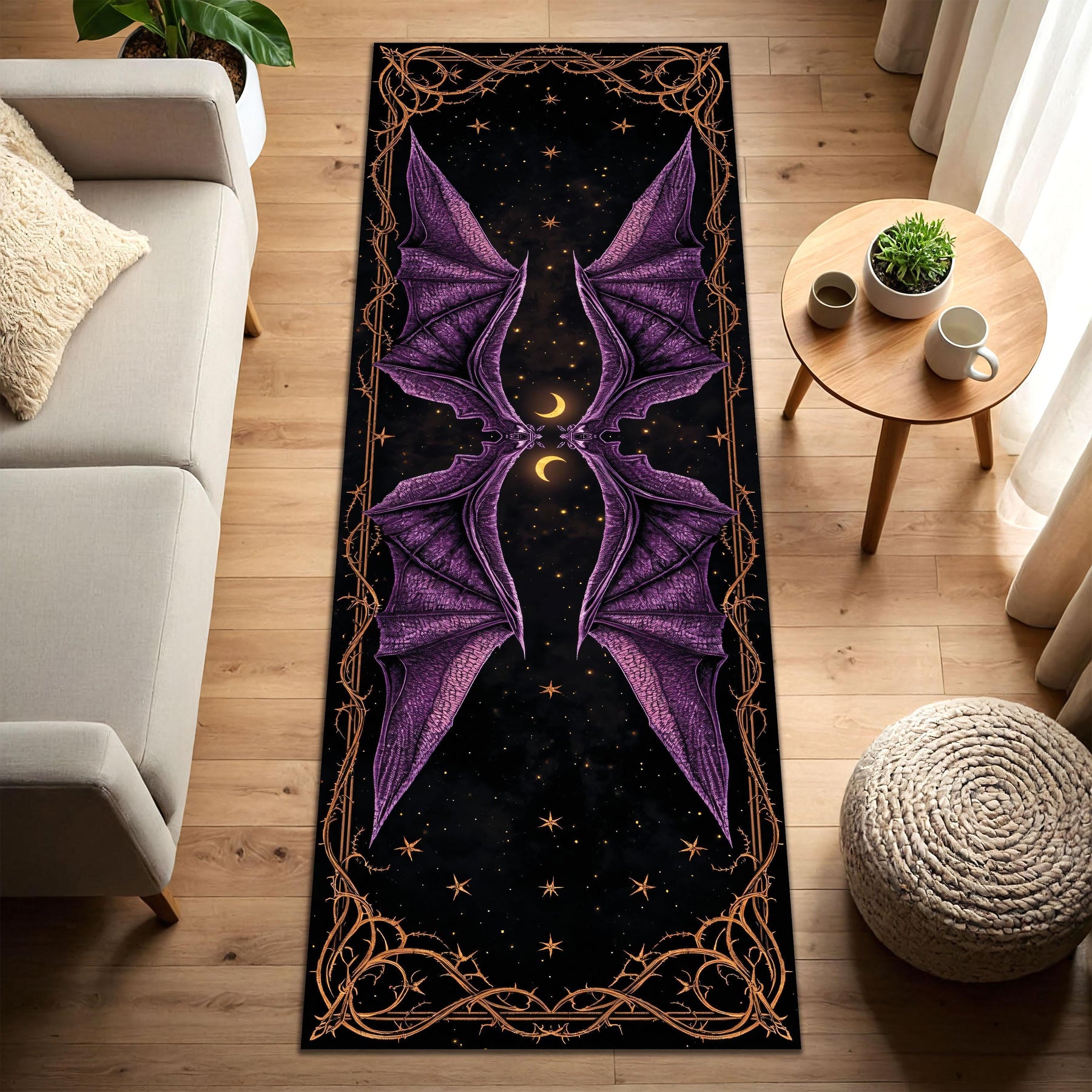Halloween Gothic Runner Rug with Purple Dragon Bat Wings, Spooky Night Witchy Hallway Carpet, Haunted House Dark Fantasy Decor