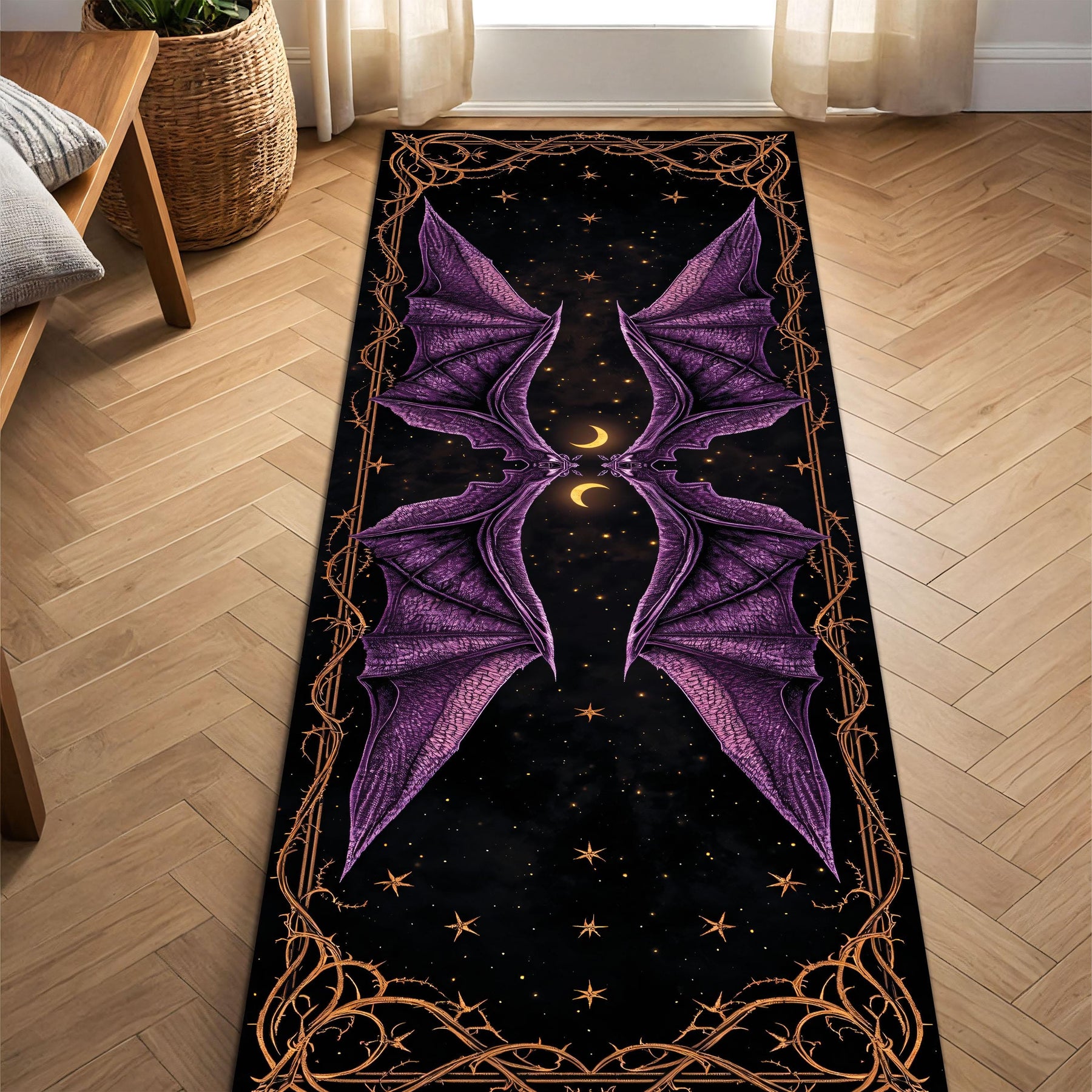 Halloween Gothic Runner Rug with Purple Dragon Bat Wings, Spooky Night Witchy Hallway Carpet, Haunted House Dark Fantasy Decor
