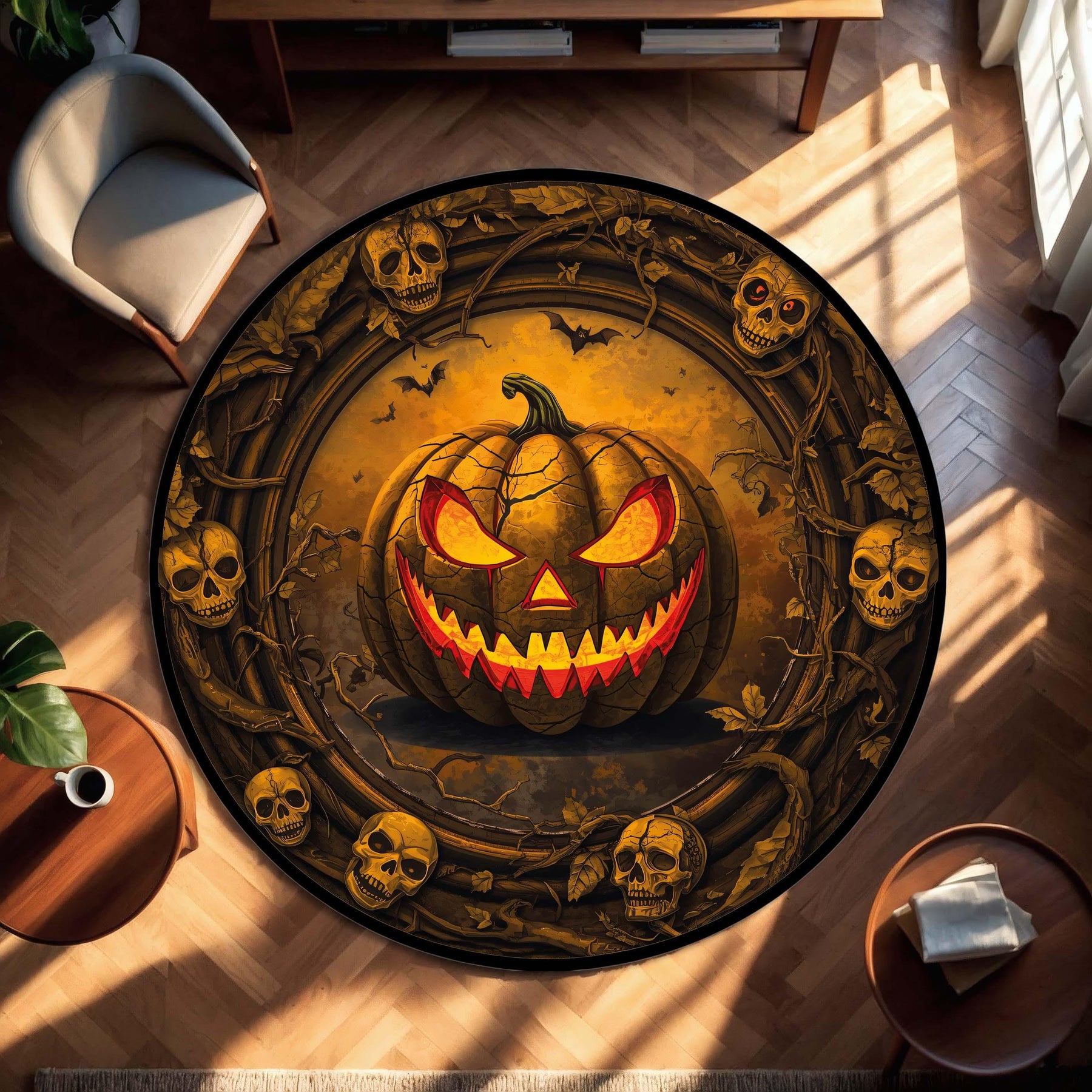 Halloween Round Rug with Jack O Lantern and Skulls - Spooky Pumpkin Circle Carpet, Gothic Horror Area Mat for Living Room, Bedroom Decor