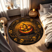 Halloween Round Rug with Jack O Lantern and Skulls - Spooky Pumpkin Circle Carpet, Gothic Horror Area Mat for Living Room, Bedroom Decor