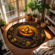 Halloween Round Rug with Jack O Lantern and Skulls - Spooky Pumpkin Circle Carpet, Gothic Horror Area Mat for Living Room, Bedroom Decor