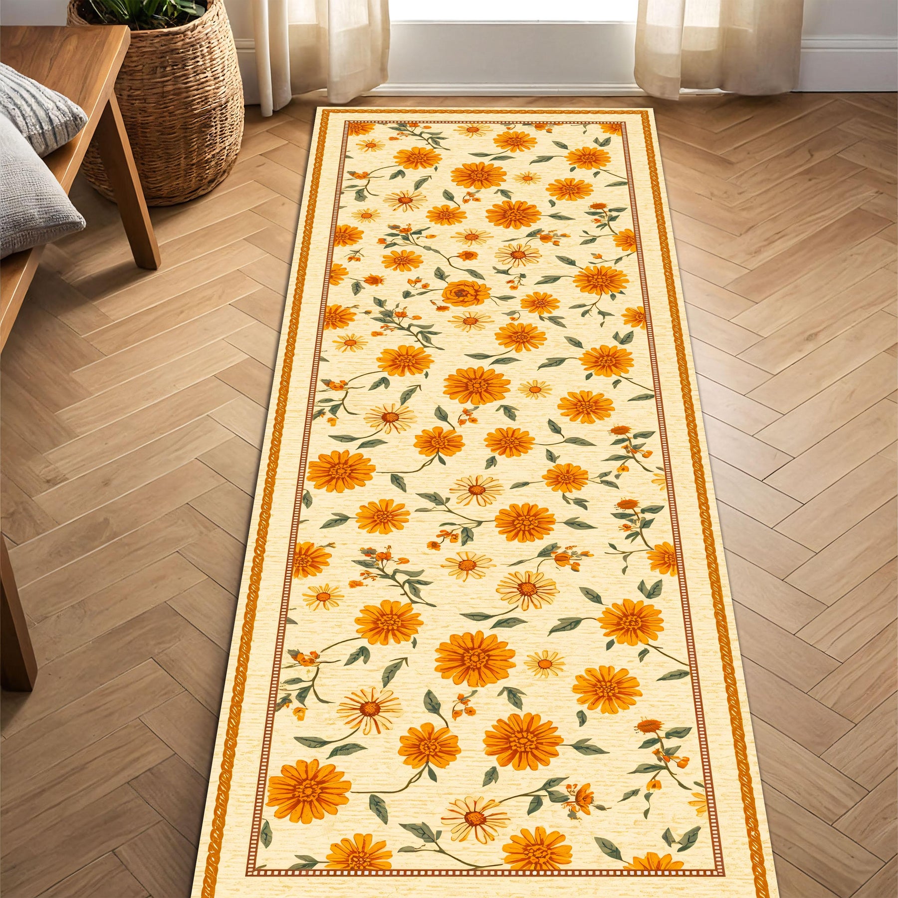 Sunflower Daisy Floral Runner Rug, Orange Yellow Vintage Botanical Hallway Runner, Cottage Farmhouse Kitchen Entryway Carpet, Boho Decor