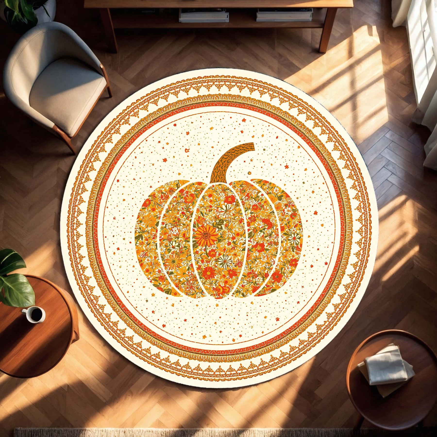Round Pumpkin Floral Rug, Boho Fall Area Carpet, Vintage Daisy Harvest Mat, Farmhouse Autumn Decor for Living Room Bedroom and Nursery