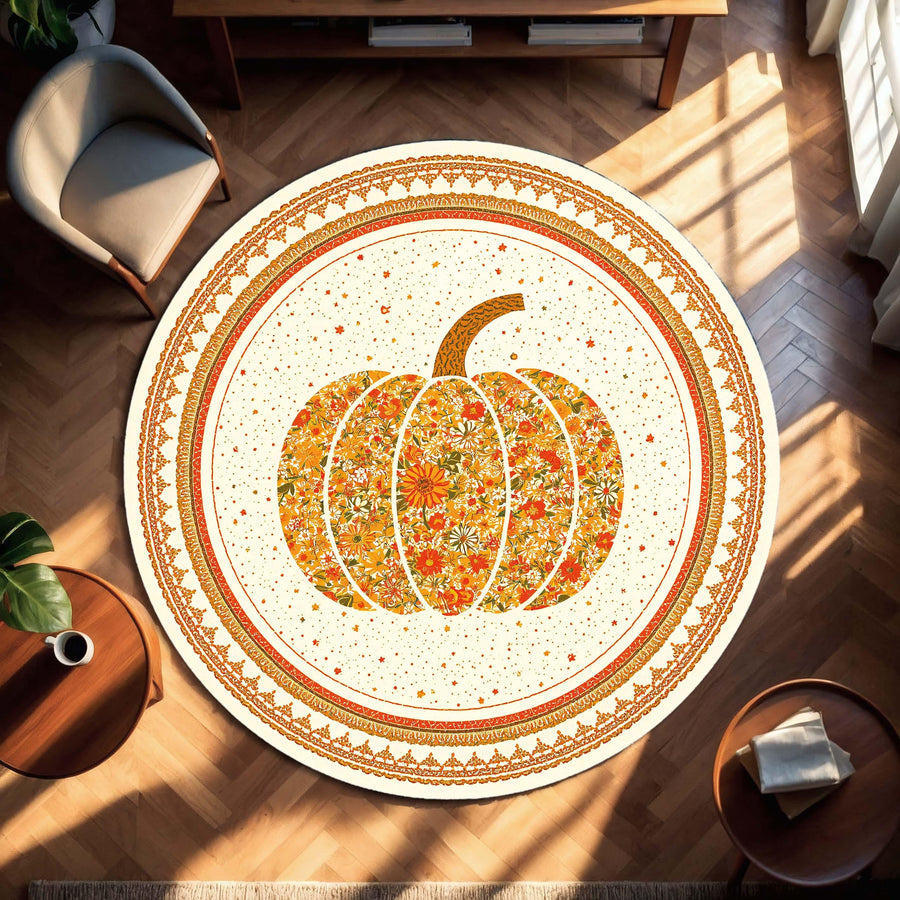Round Pumpkin Floral Rug, Boho Fall Area Carpet, Vintage Daisy Harvest Mat, Farmhouse Autumn Decor for Living Room Bedroom and Nursery