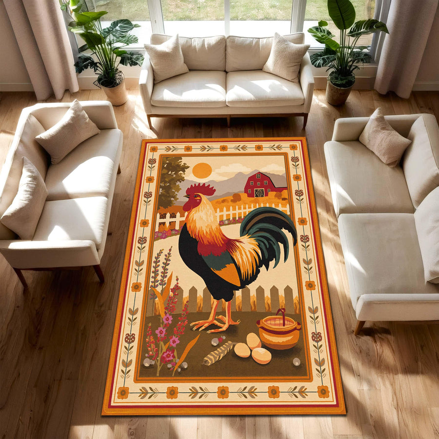 Rooster Farmhouse Area Rug – Rustic Barnyard Carpet for Country Kitchen Living Room or Bedroom, Chicken Lover Gift, Cozy Vintage Home Decor