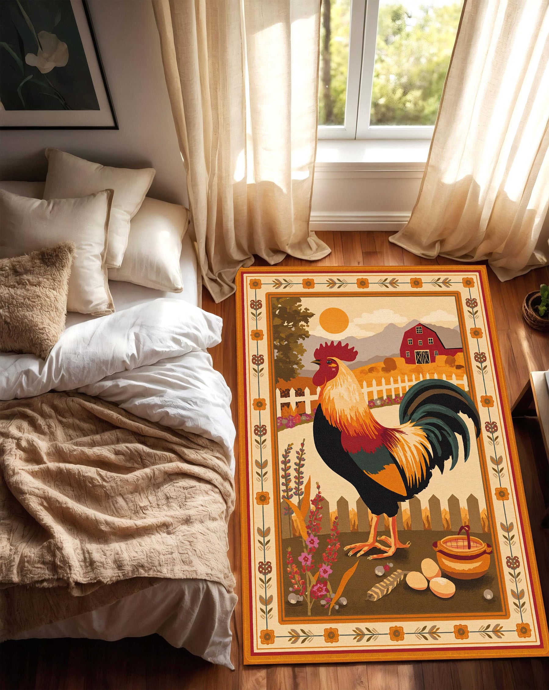 Rooster Farmhouse Area Rug – Rustic Barnyard Carpet for Country Kitchen Living Room or Bedroom, Chicken Lover Gift, Cozy Vintage Home Decor