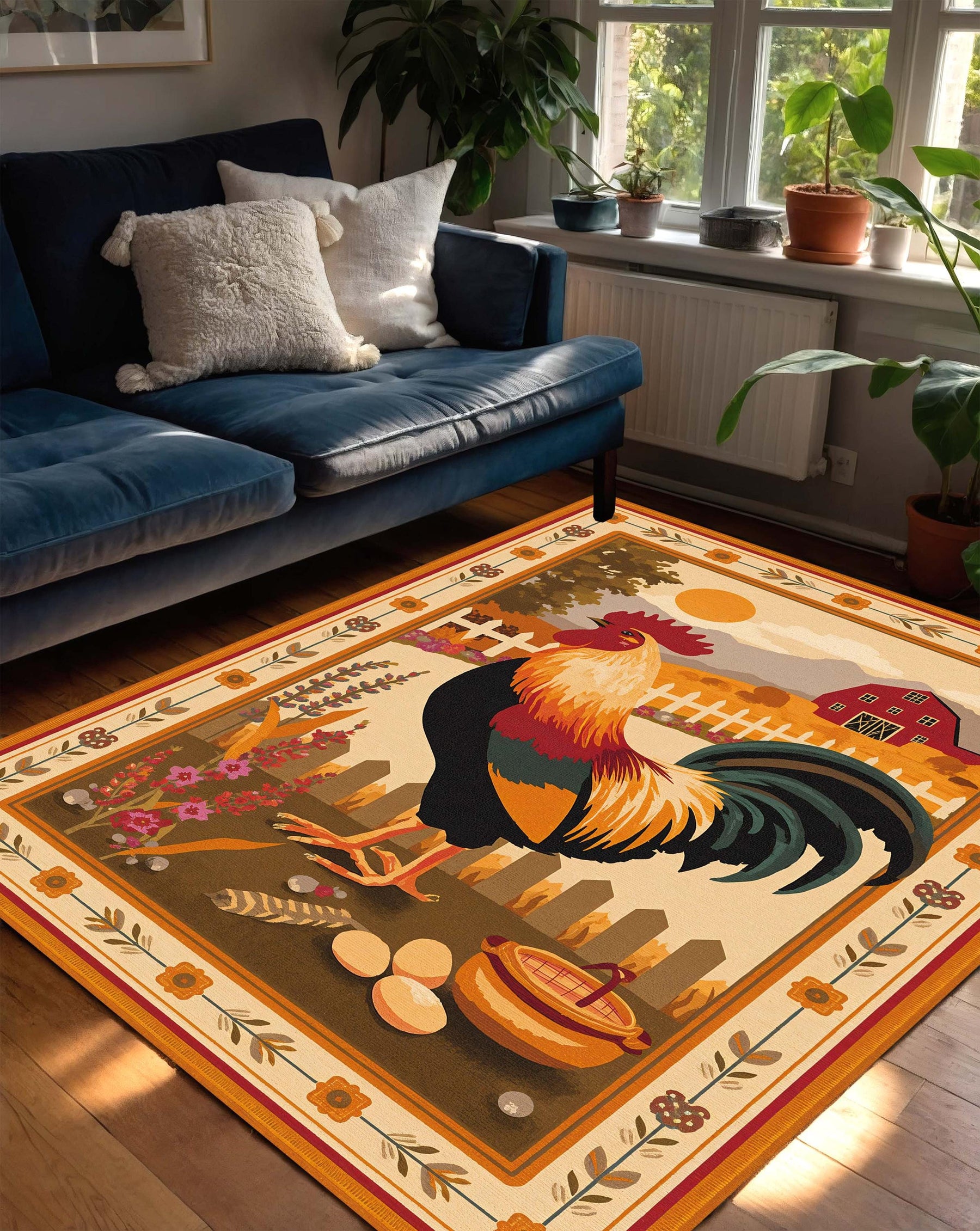 Rooster Farmhouse Area Rug – Rustic Barnyard Carpet for Country Kitchen Living Room or Bedroom, Chicken Lover Gift, Cozy Vintage Home Decor