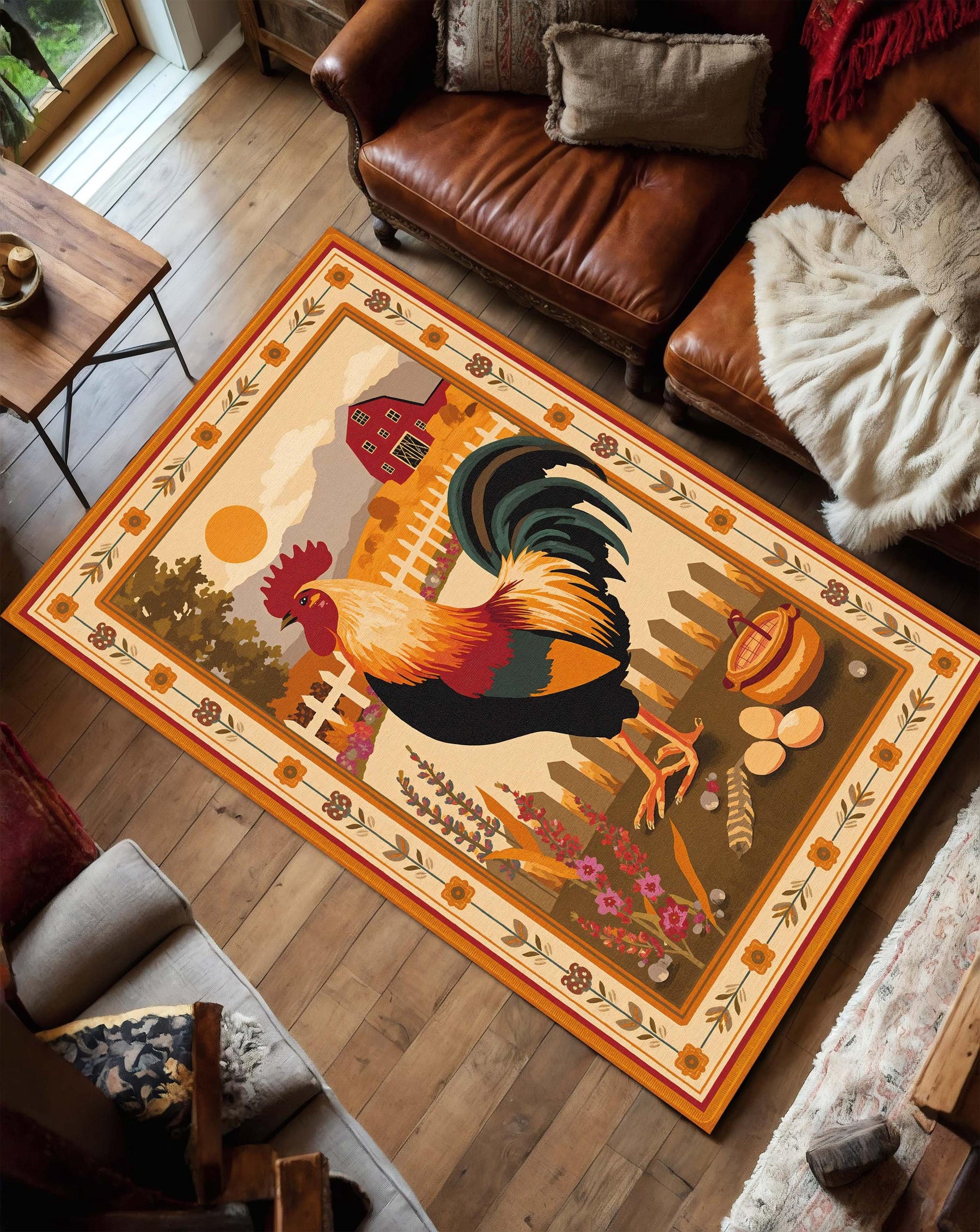 Rooster Farmhouse Area Rug – Rustic Barnyard Carpet for Country Kitchen Living Room or Bedroom, Chicken Lover Gift, Cozy Vintage Home Decor