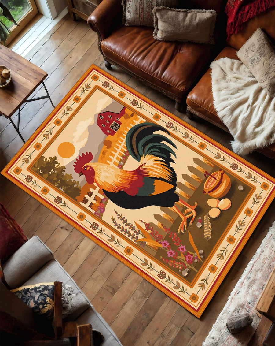 Rooster Farmhouse Area Rug – Rustic Barnyard Carpet for Country Kitchen Living Room or Bedroom, Chicken Lover Gift, Cozy Vintage Home Decor