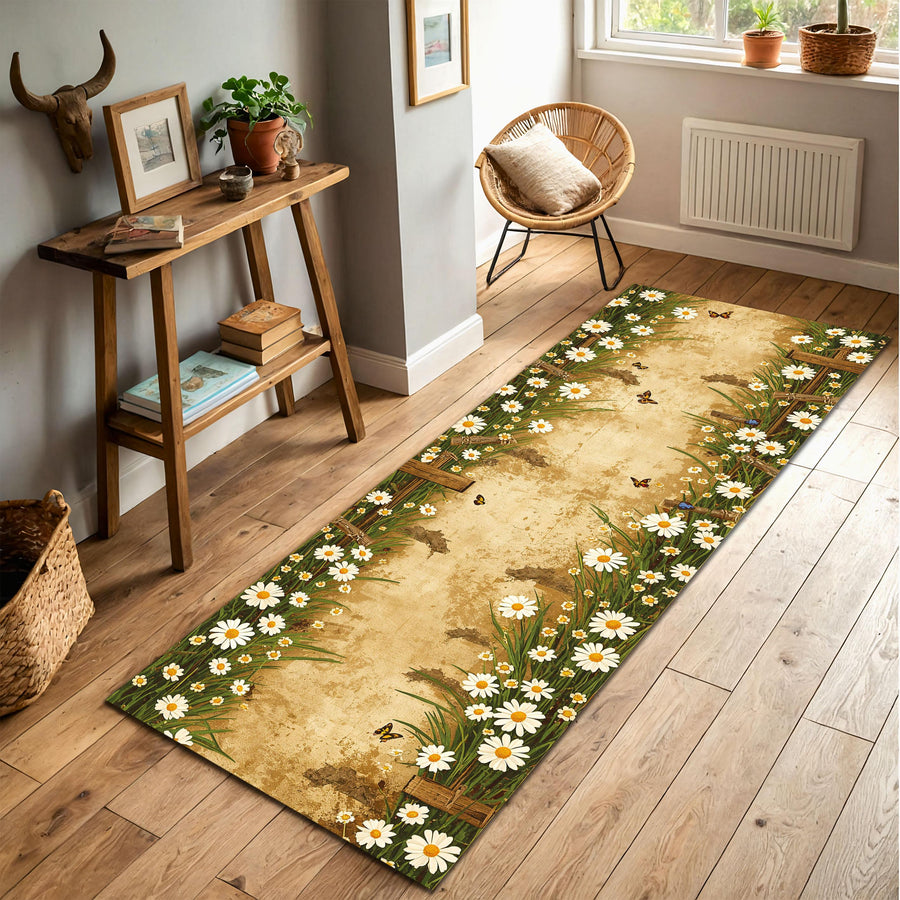 Floral Daisy Runner Rug for Hallway Kitchen Entryway – Vintage Farmhouse Cottagecore Butterflies Print, Rustic Spring Summer Decor Home