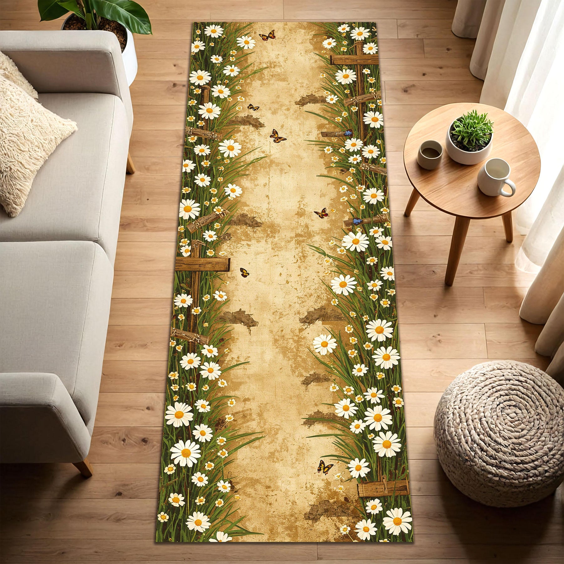 Floral Daisy Runner Rug for Hallway Kitchen Entryway – Vintage Farmhouse Cottagecore Butterflies Print, Rustic Spring Summer Decor Home