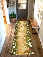 Floral Daisy Runner Rug for Hallway Kitchen Entryway – Vintage Farmhouse Cottagecore Butterflies Print, Rustic Spring Summer Decor Home