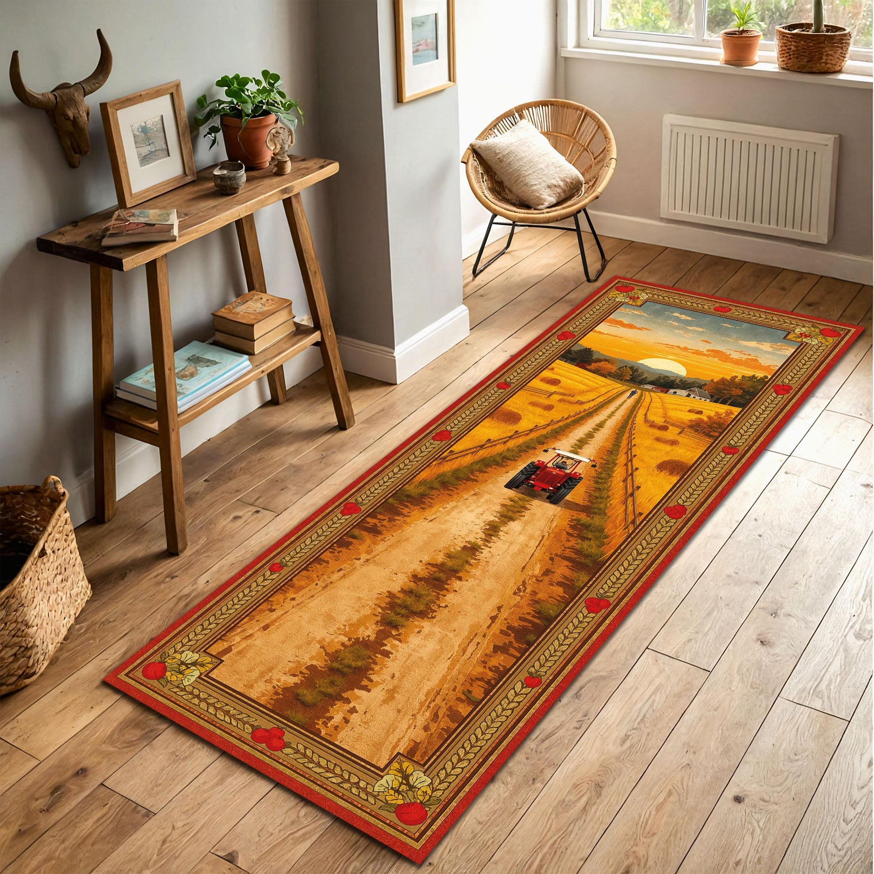 Farmhouse Tractor Runner Rug for Hallway, Country Sunset Wheat Field Carpet, Cottagecore Rustic Kitchen Floor Decor Carpet