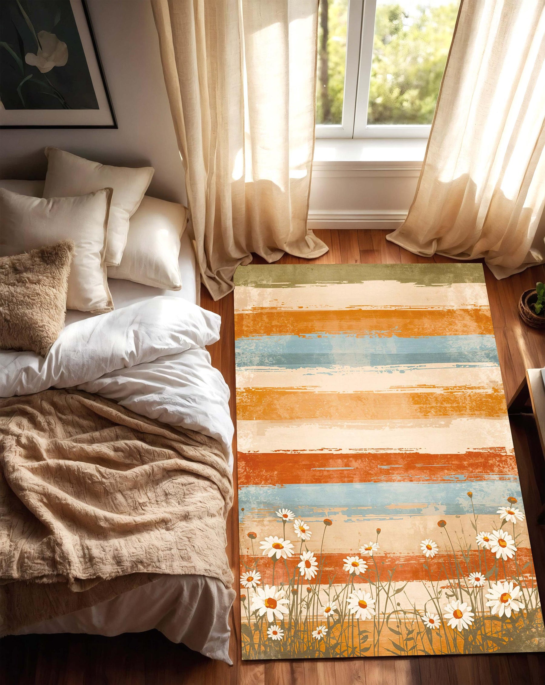 Retro Daisy Stripe Area Rug, Orange Teal Beige Floral Carpet for Living Room Bedroom, Cottagecore Farmhouse Decor, Low Pile Washable Carpet