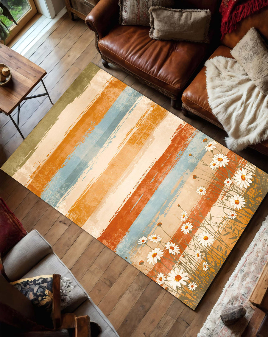 Retro Daisy Stripe Area Rug, Orange Teal Beige Floral Carpet for Living Room Bedroom, Cottagecore Farmhouse Decor, Low Pile Washable Carpet