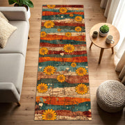 Sunflower Boho Runner Rug, Rustic Vintage Striped Floral Hallway Mat, Teal Orange Farmhouse Decor, Entryway Kitchen Carpet, Cozy Floor Art