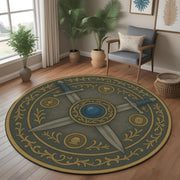 Medieval Tapestry Sword Rug, Round Warrior Crest Design Rug, Fantasy Rustic Home Decor