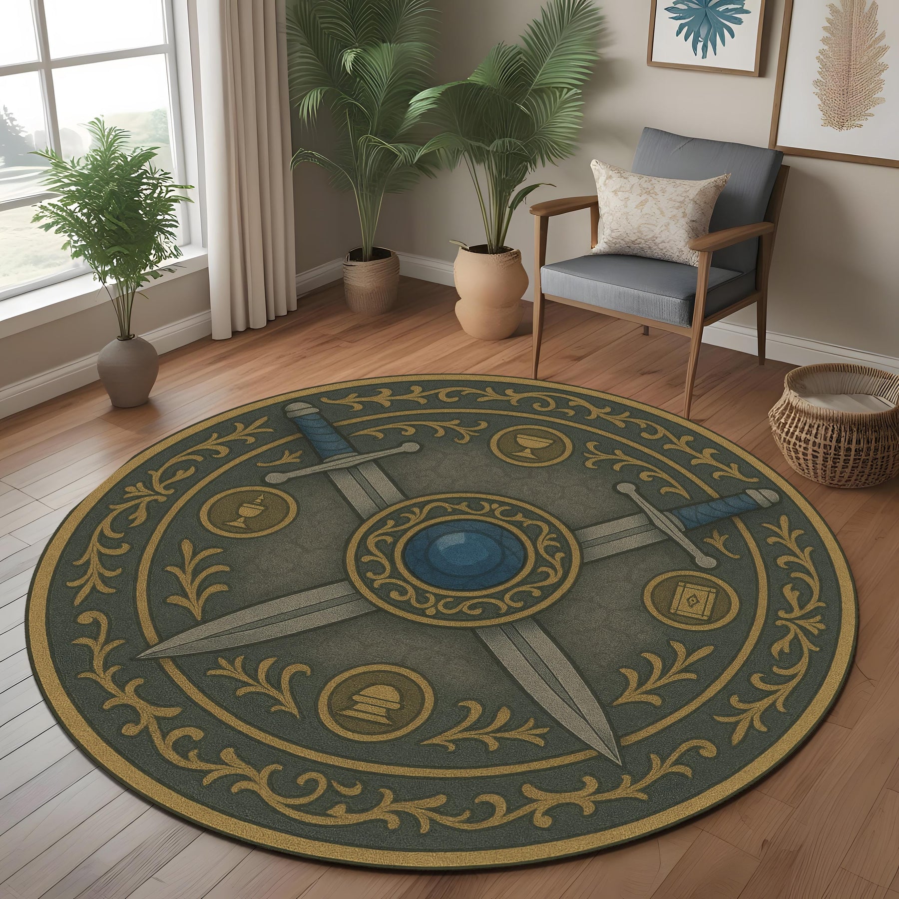 Medieval Tapestry Sword Rug, Round Warrior Crest Design Rug, Fantasy Rustic Home Decor