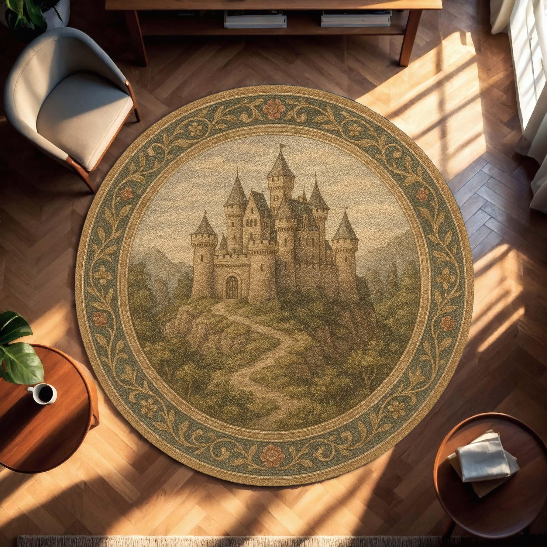 Medieval Castle Round Rug, Vintage Fortress Carpet, Tapestry Style Rug for Rustic Living Room, Library Corner Castlecore Inspired Interior