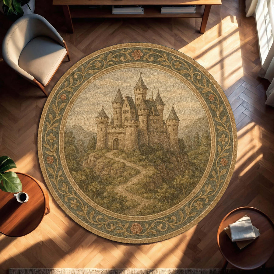 Medieval Castle Round Rug, Vintage Fortress Carpet, Tapestry Style Rug for Rustic Living Room, Library Corner Castlecore Inspired Interior
