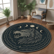 Moon Wolf Round Rug: Mystical Lunar Cycle Rug with Gothic Forest Motif and Midnight Werewolf Energy