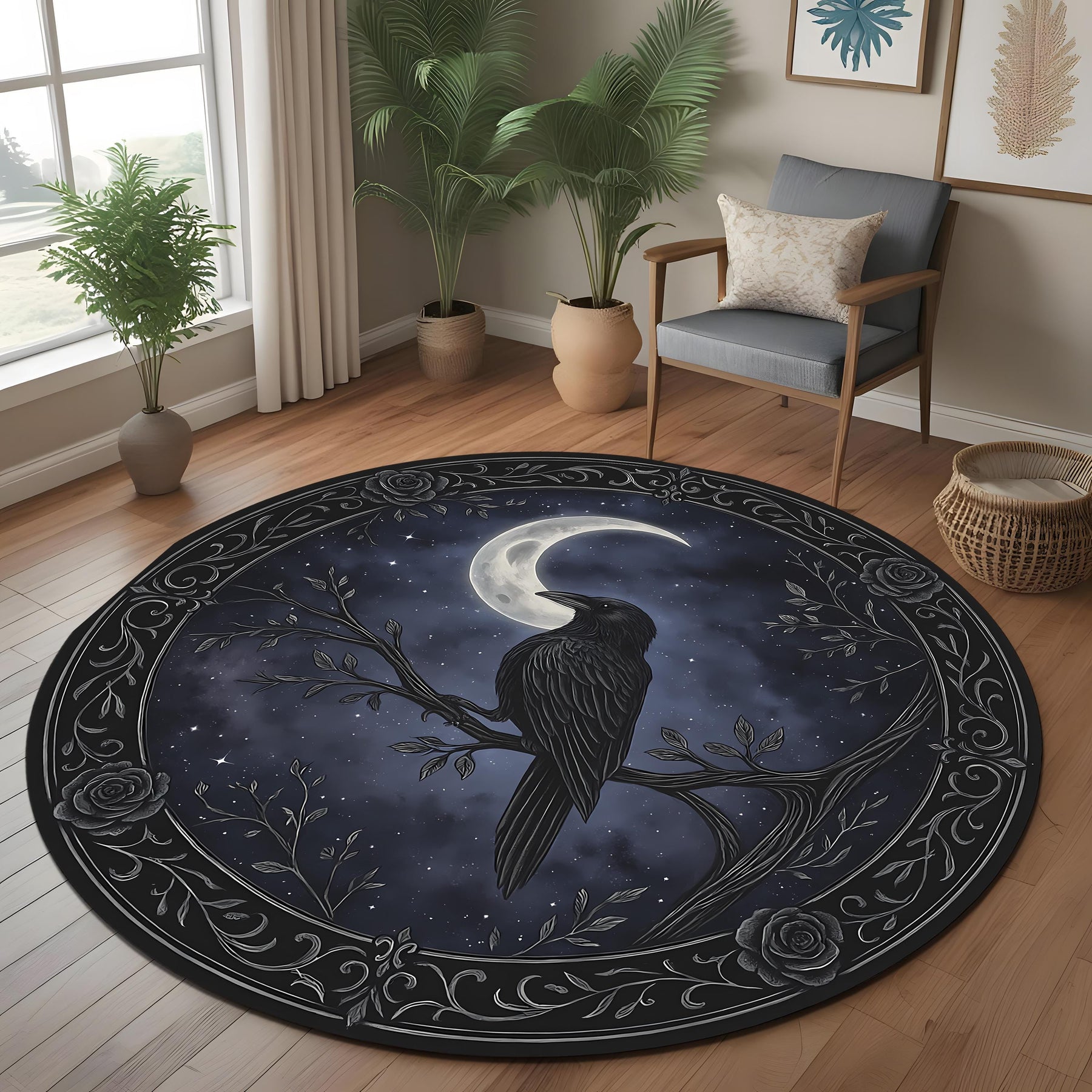 Mystical Raven Moon Round Rug: Gothic Night Sky Carpet With Crescent Moon and Crow for Witchy Room or Dark Aesthetic Decor