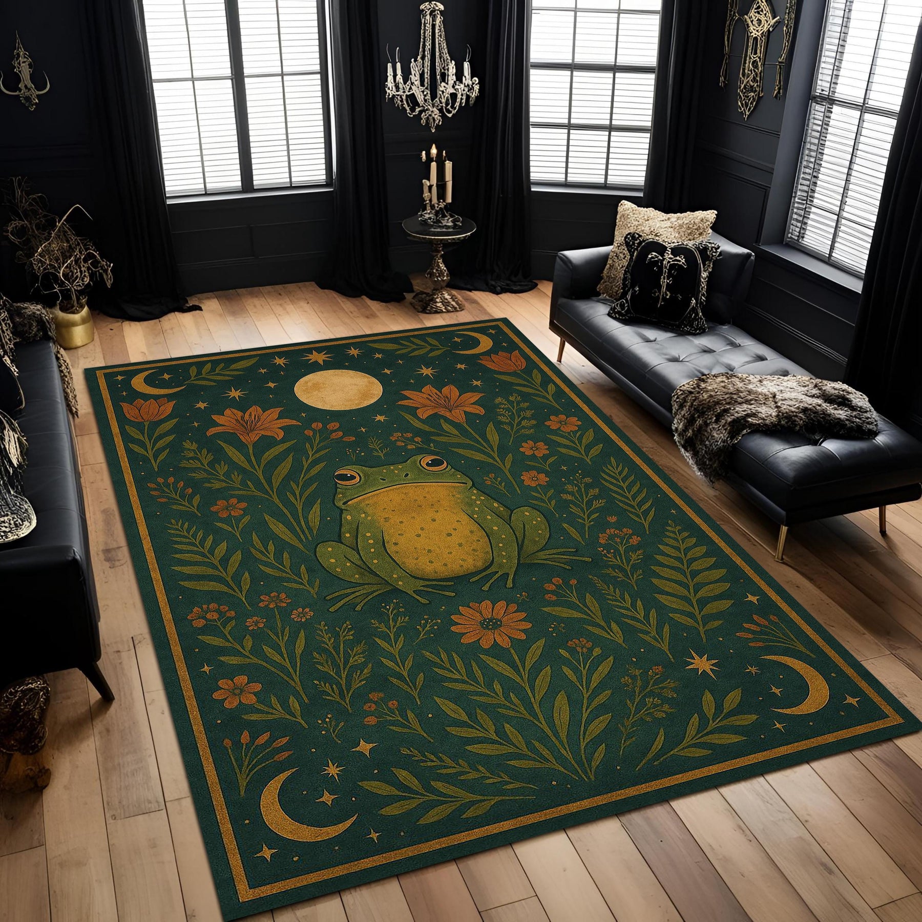Mystic Frog Rug With Botanical Moon Design, Forest Green Celestial Carpet, Whimsical Nature Boho Living Room Decor