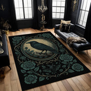 Gothic Floral Raven Area Rug: Dark Academia Washable Decor for Mystical Goth Rooms